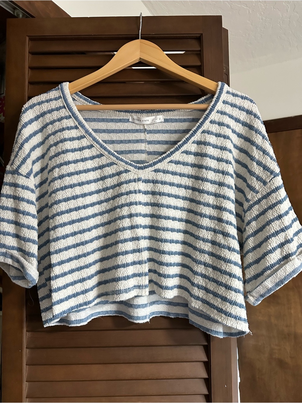 Altar'd State Blue & White Striped V-Neck Cropped Top
